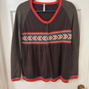Womens Fair Isle Geometric Pattern Cardigan‎ Sweater Chocolate Brown Sz M